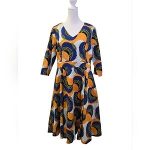 ASHRO 100% Cotton Ankara Print Midi Fit & Flare Dress Size 8